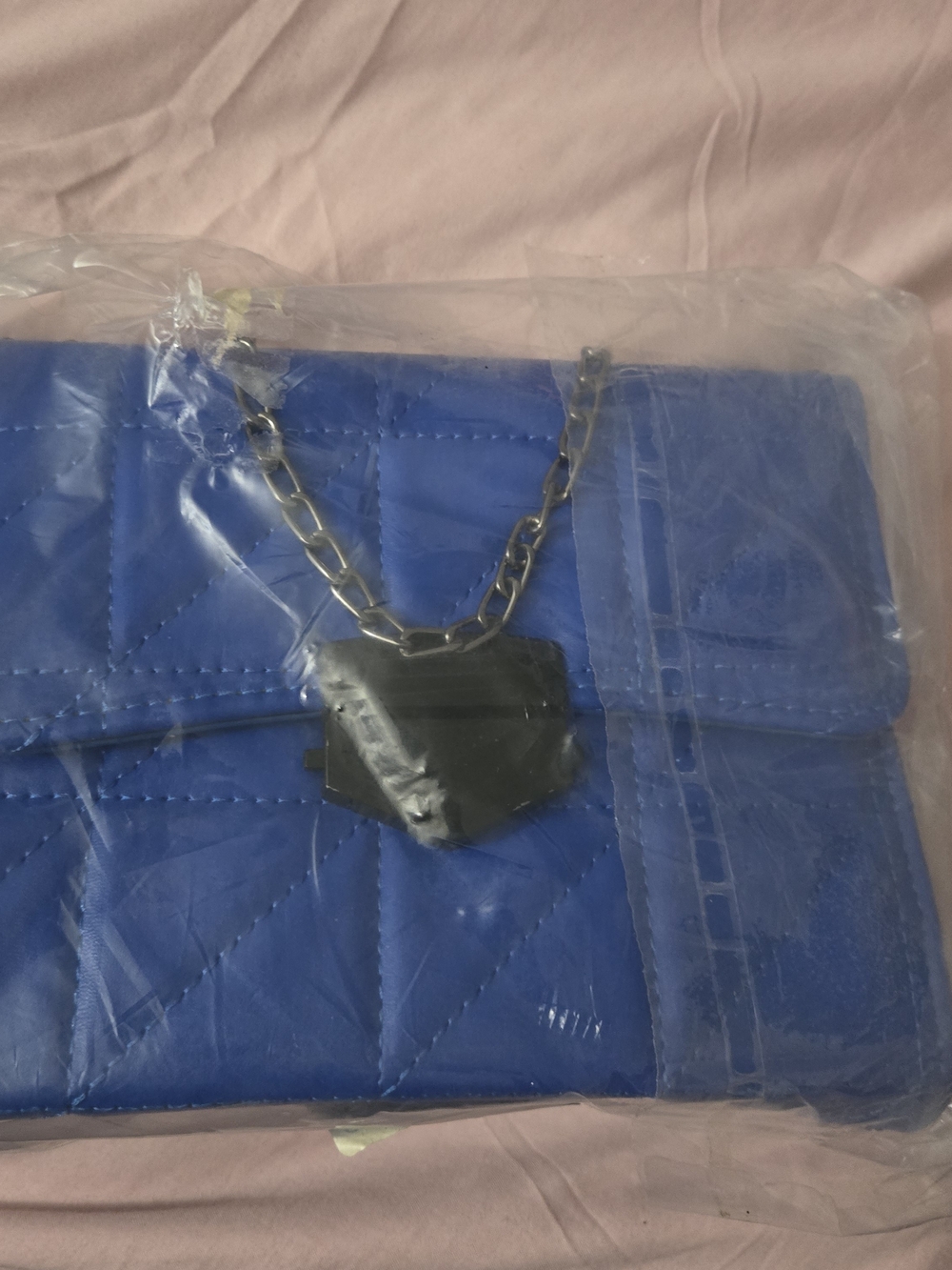 Quilted Blue Chain-Handle Wristlet Clutch